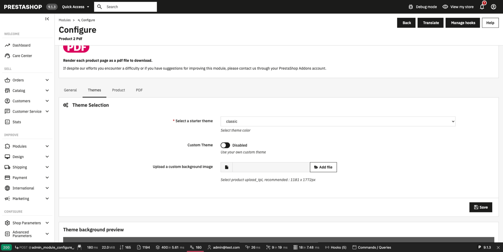 Themes tab: starter theme selection and custom background